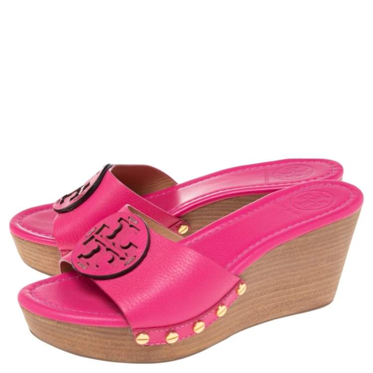 Pre Owned Tory Burch Pink Leather Patty Wedge Slide Sandals Size 37.5