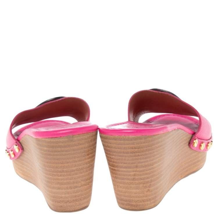 Pre Owned Tory Burch Pink Leather Patty Wedge Slide Sandals Size 37.5