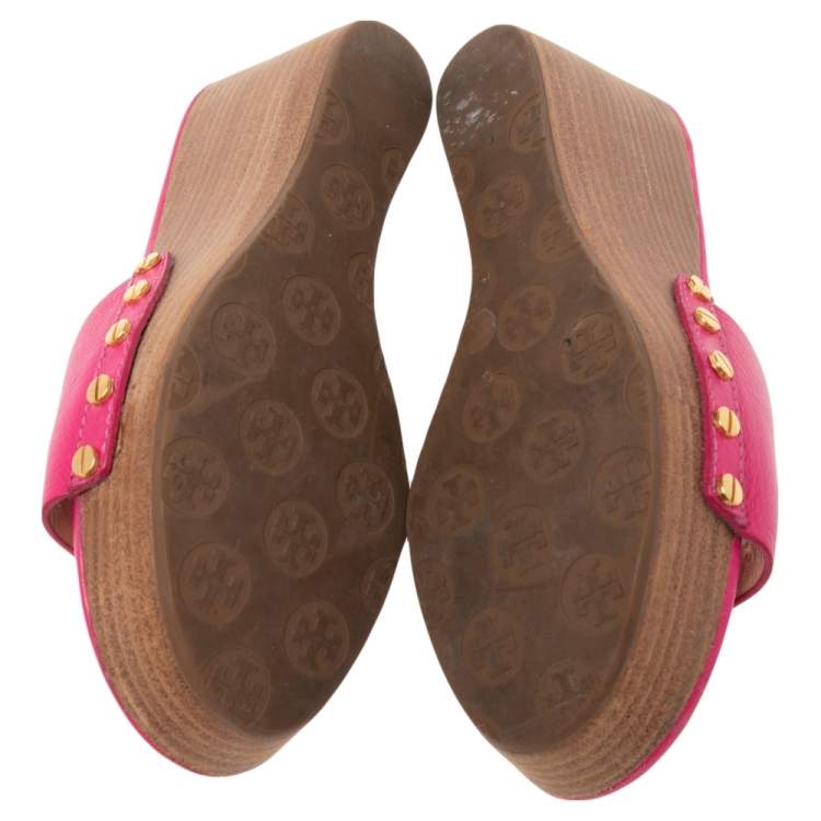 Pre Owned Tory Burch Pink Leather Patty Wedge Slide Sandals Size 37.5