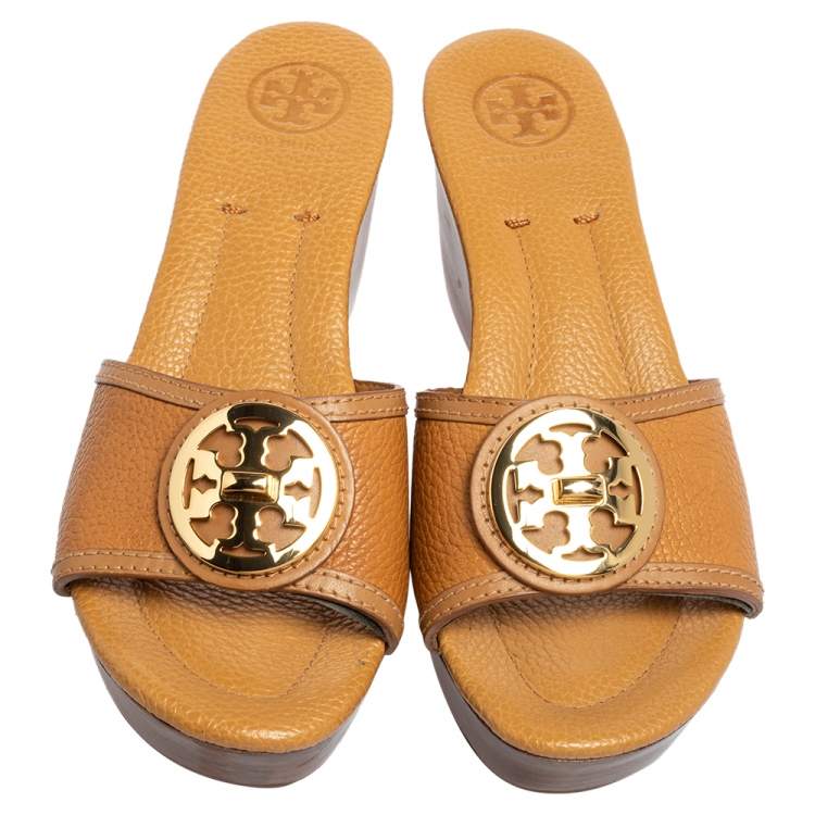 Pre Owned Tory Burch Light Brown Leather Platform Wedge Sandals Size 37.5