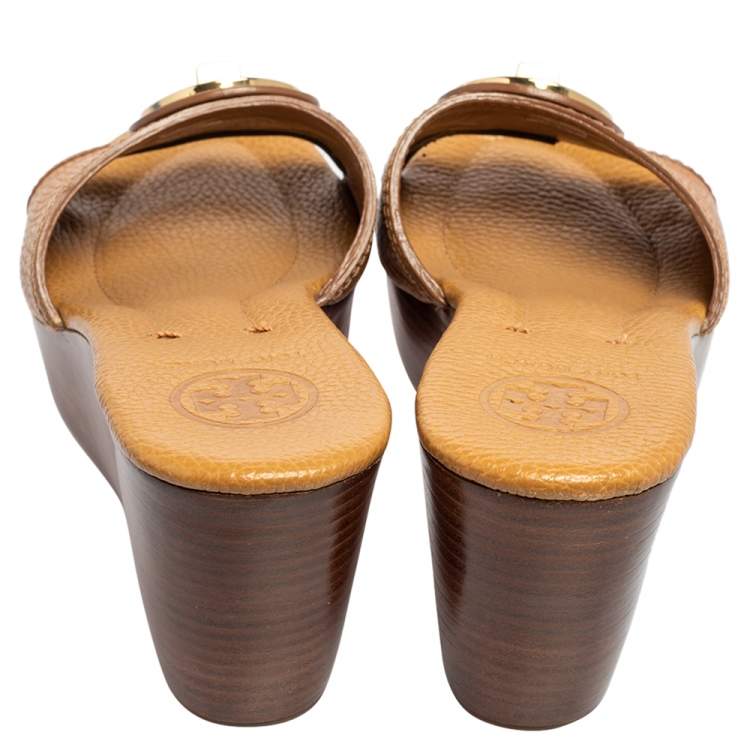 Pre Owned Tory Burch Light Brown Leather Platform Wedge Sandals Size 37.5