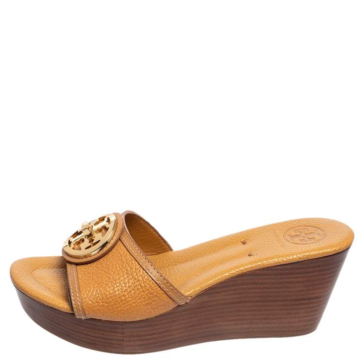 Pre Owned Tory Burch Light Brown Leather Platform Wedge Sandals Size 37.5