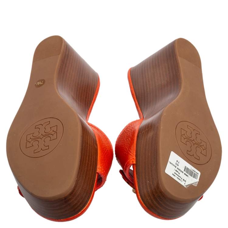 Pre Owned Tory Burch Orange Leather Patty Wedge Slide Sandals Size 37.5