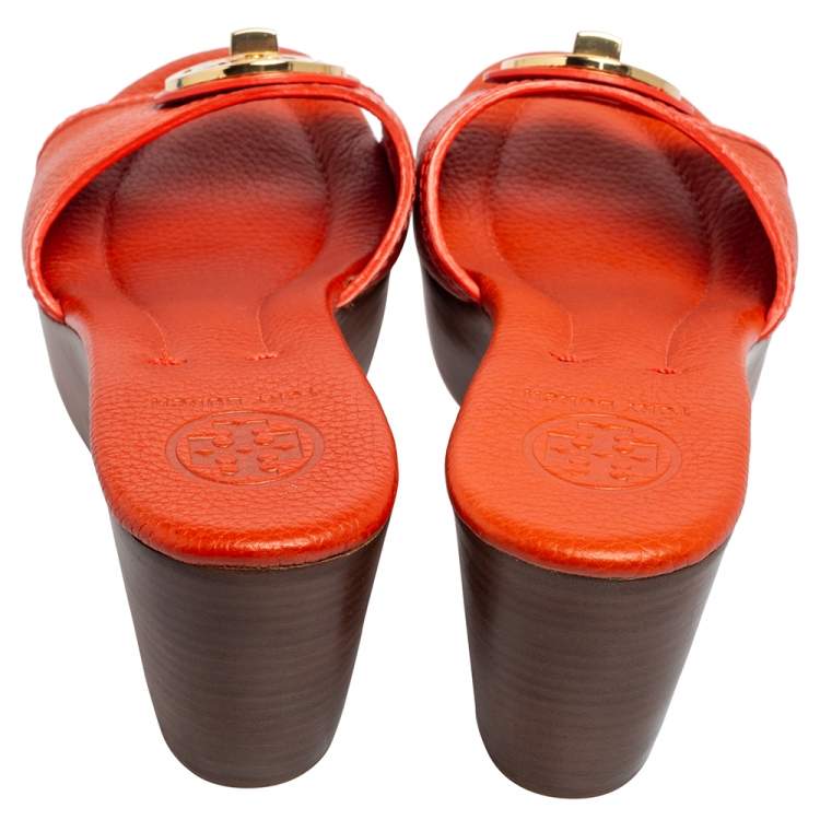 Pre Owned Tory Burch Orange Leather Patty Wedge Slide Sandals Size 37.5
