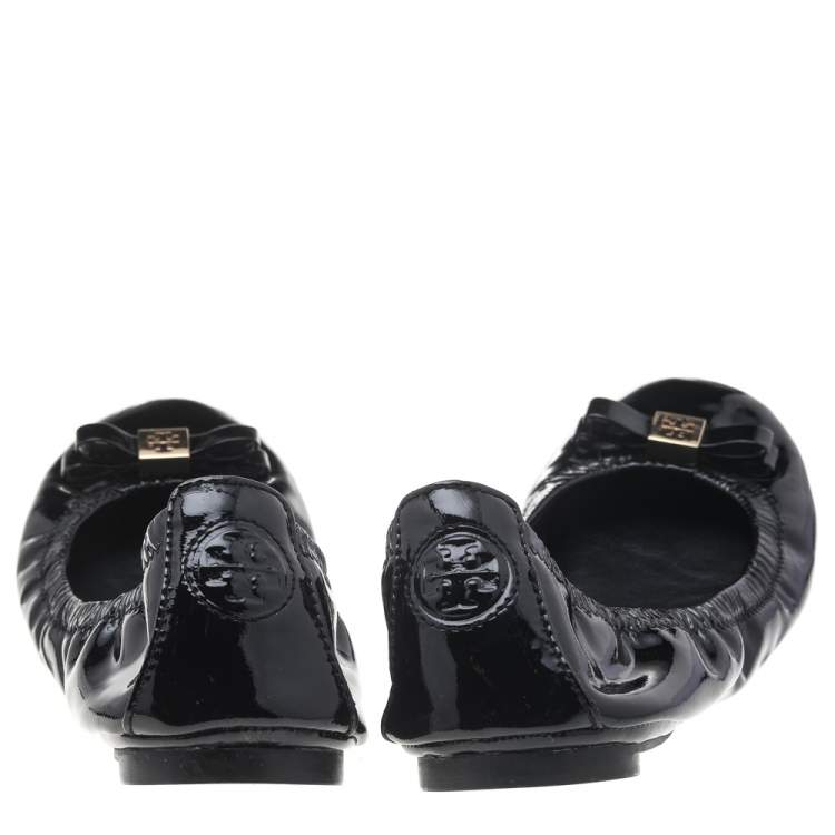 Pre Owned Tory Burch Black Patent Leather Bow Scrunch Ballet Flats Size 37.5