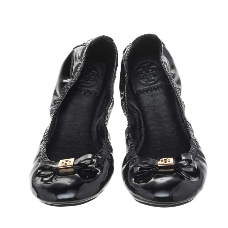 Pre Owned Tory Burch Black Patent Leather Bow Scrunch Ballet Flats Size 37.5