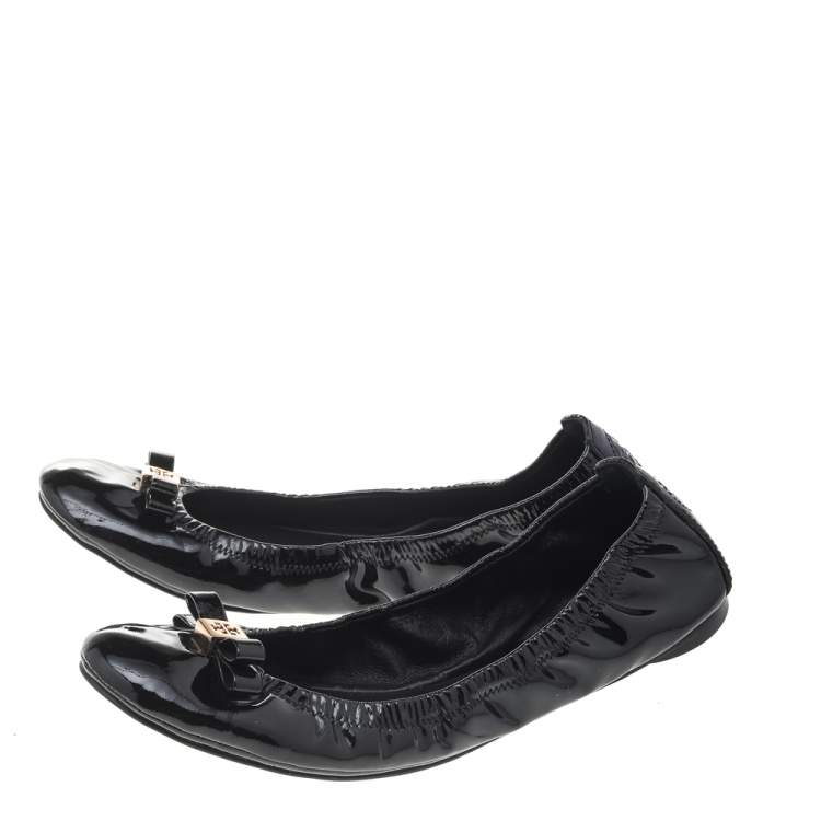 Pre Owned Tory Burch Black Patent Leather Bow Scrunch Ballet Flats Size 37.5