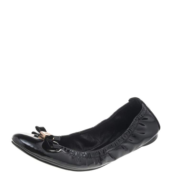 Pre Owned Tory Burch Black Patent Leather Bow Scrunch Ballet Flats Size 37.5