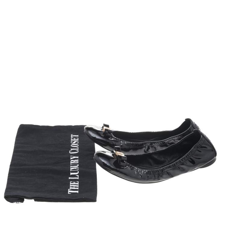 Pre Owned Tory Burch Black Patent Leather Bow Scrunch Ballet Flats Size 37.5