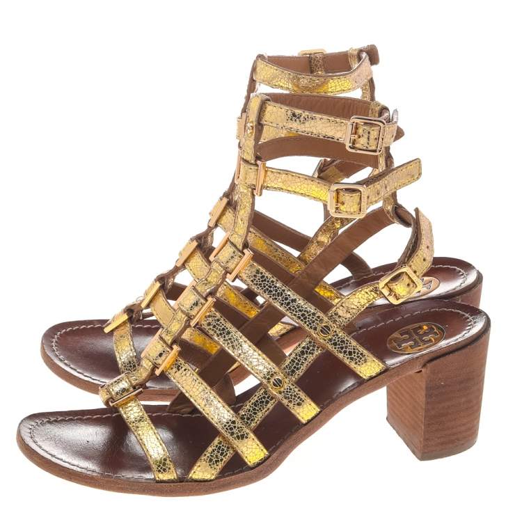Pre Owned Tory Burch Gold Leather Gladiator Sandals Size 37.5