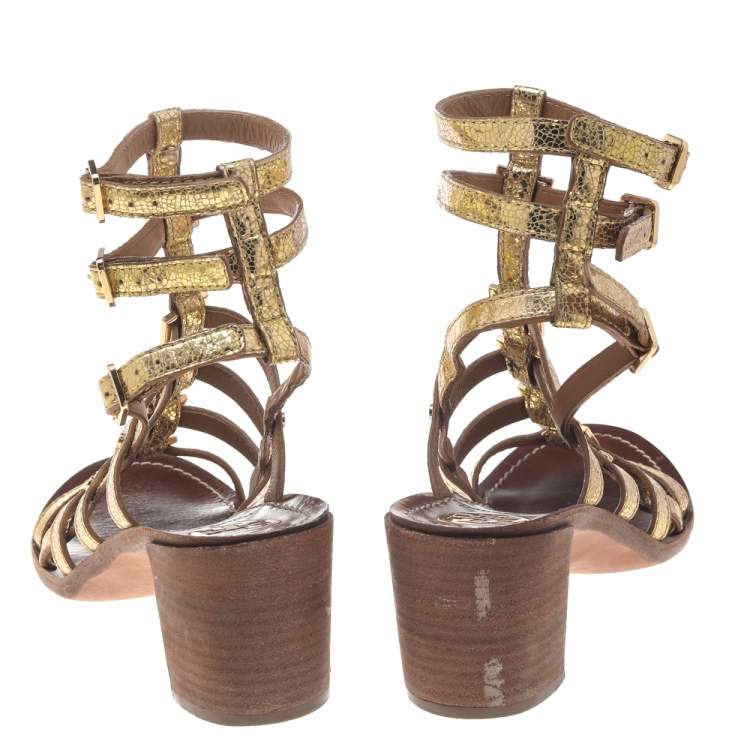 Pre Owned Tory Burch Gold Leather Gladiator Sandals Size 37.5