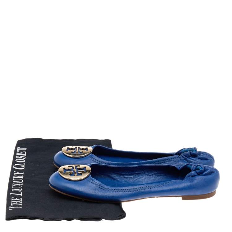 Pre Owned Tory Burch Blue Leather Twiggie Scrunch Ballet Flats Size 38