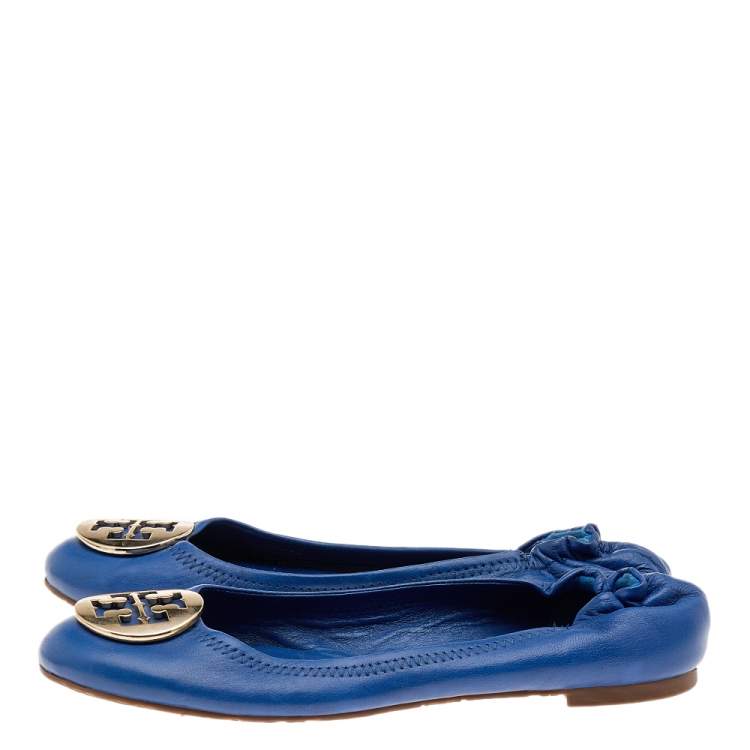 Pre Owned Tory Burch Blue Leather Twiggie Scrunch Ballet Flats Size 38