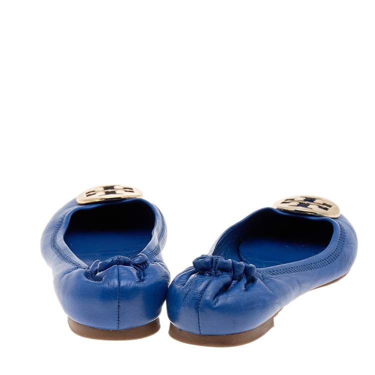 Pre Owned Tory Burch Blue Leather Twiggie Scrunch Ballet Flats Size 38
