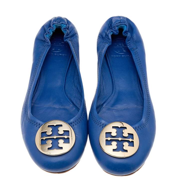 Pre Owned Tory Burch Blue Leather Twiggie Scrunch Ballet Flats Size 38