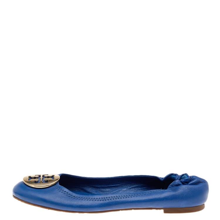 Pre Owned Tory Burch Blue Leather Twiggie Scrunch Ballet Flats Size 38