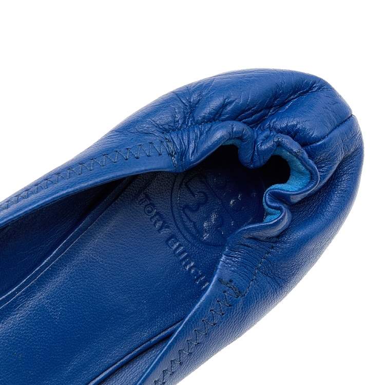 Pre Owned Tory Burch Blue Leather Twiggie Scrunch Ballet Flats Size 38