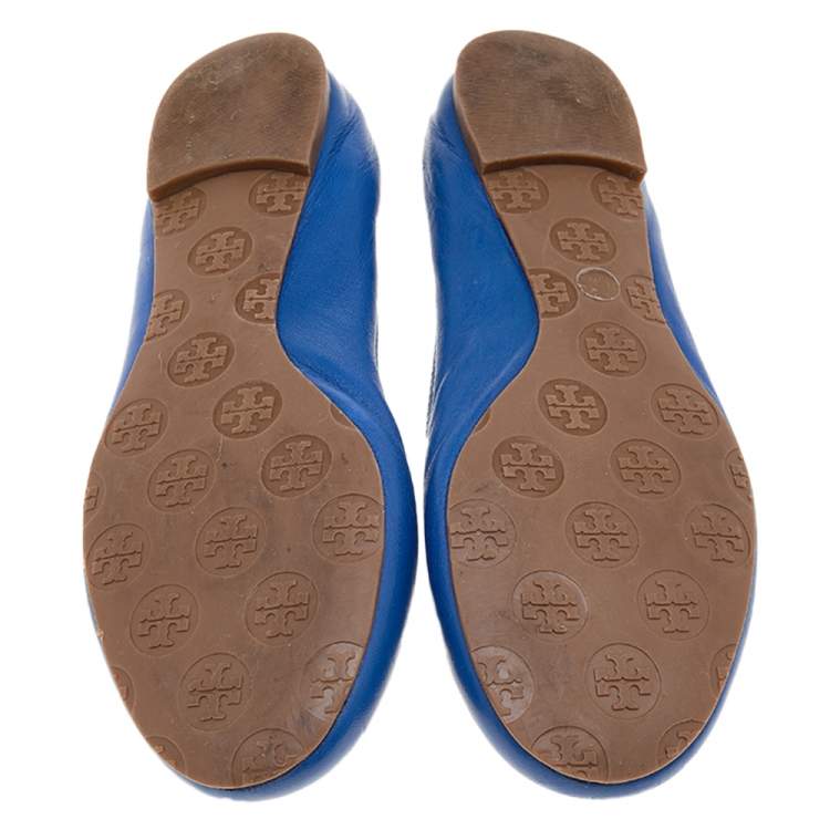 Pre Owned Tory Burch Blue Leather Twiggie Scrunch Ballet Flats Size 38