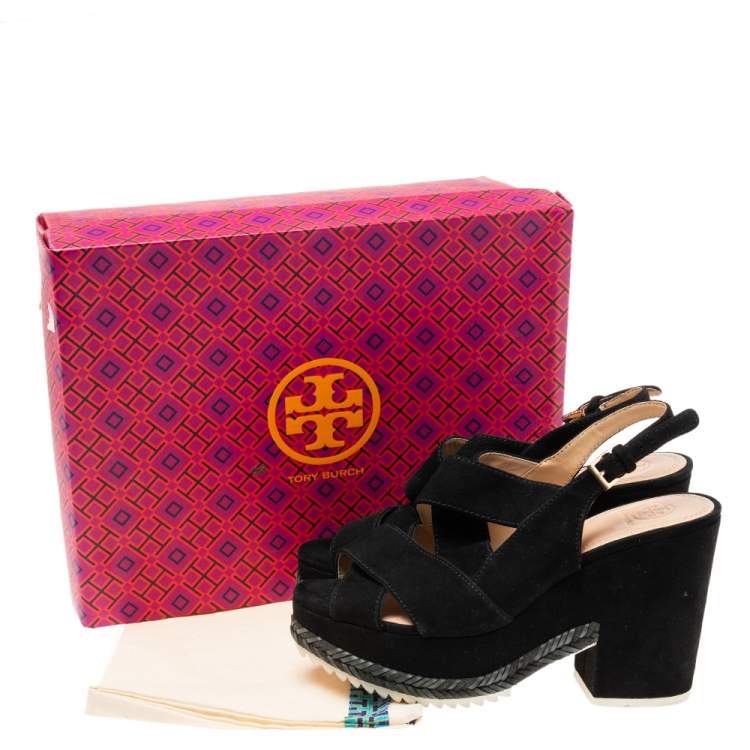 Pre Owned Tory Burch Black Suede  Espadrille Platform Ankle Strap Sandals Size 39