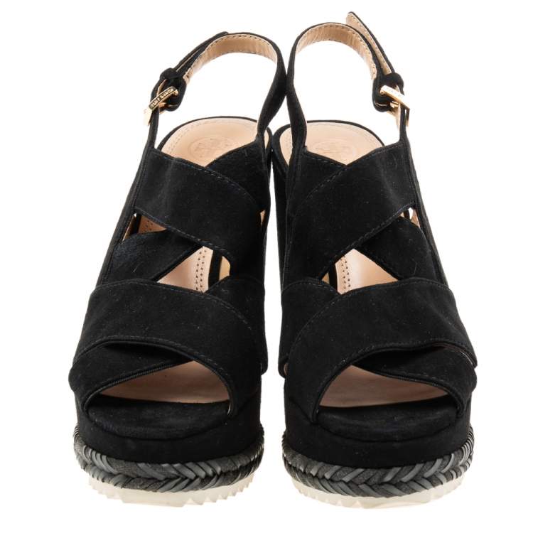 Pre Owned Tory Burch Black Suede  Espadrille Platform Ankle Strap Sandals Size 39