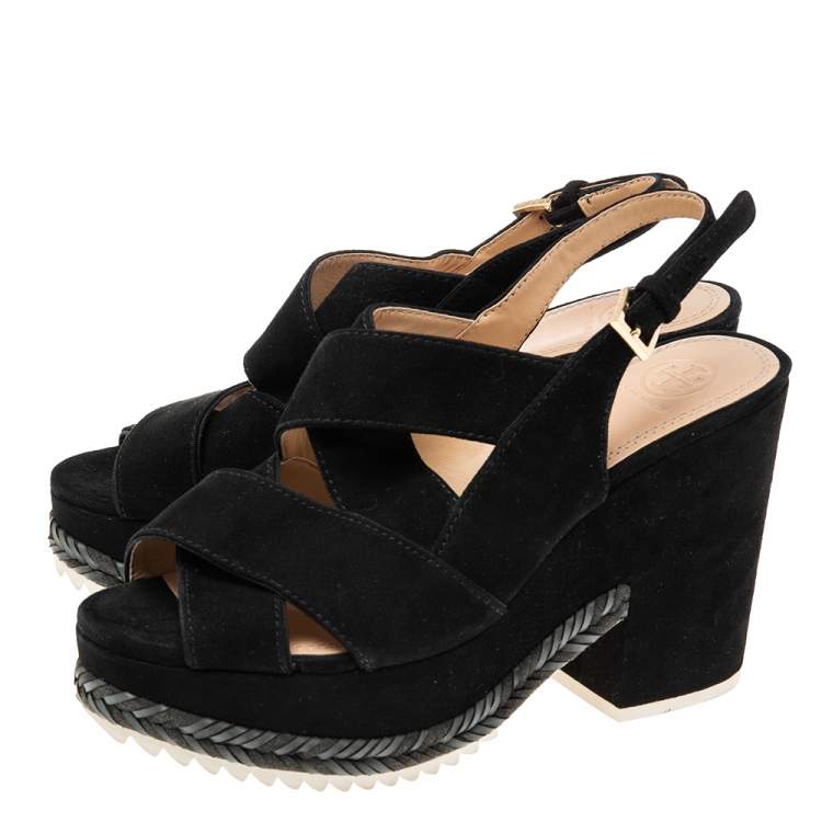 Pre Owned Tory Burch Black Suede  Espadrille Platform Ankle Strap Sandals Size 39