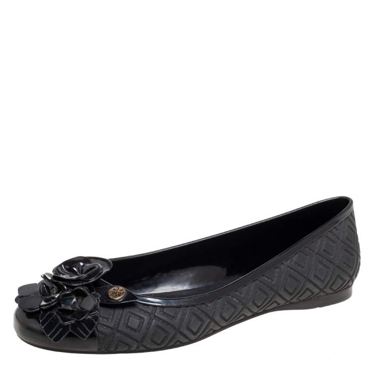 Pre Owned Tory Burch Black Jelly Blossom Ballet Flats Size 39.5
