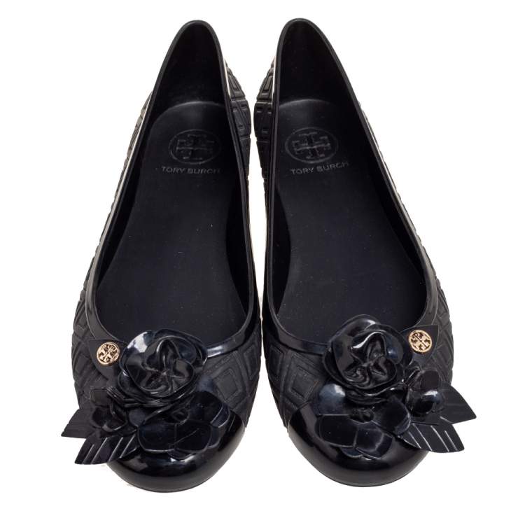 Pre Owned Tory Burch Black Jelly Blossom Ballet Flats Size 39.5