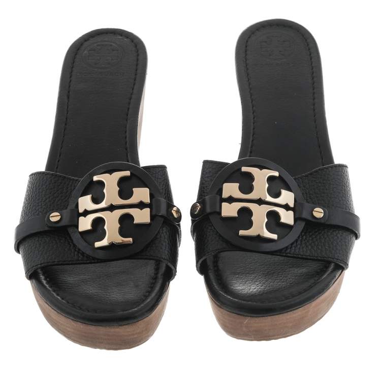 Pre Owned Tory Burch Black Leather Wedge Platform Sandals Size 41