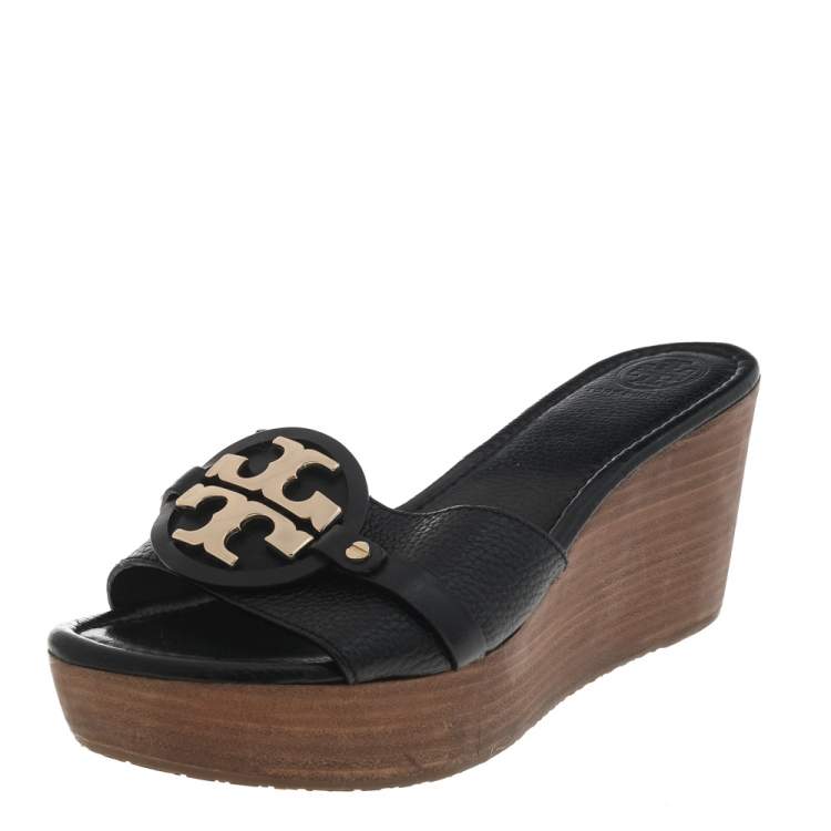 Tory Burch Black Laser Cut Leather Slide Wedge Sandals Size 40.5