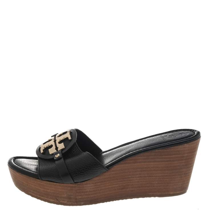 Pre Owned Tory Burch Black Leather Wedge Platform Sandals Size 41