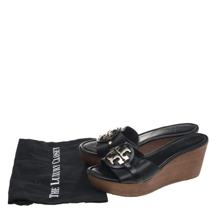 Pre Owned Tory Burch Black Leather Wedge Platform Sandals Size 41