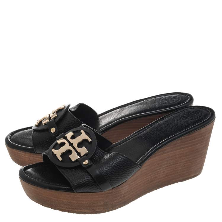 Pre Owned Tory Burch Black Leather Wedge Platform Sandals Size 41