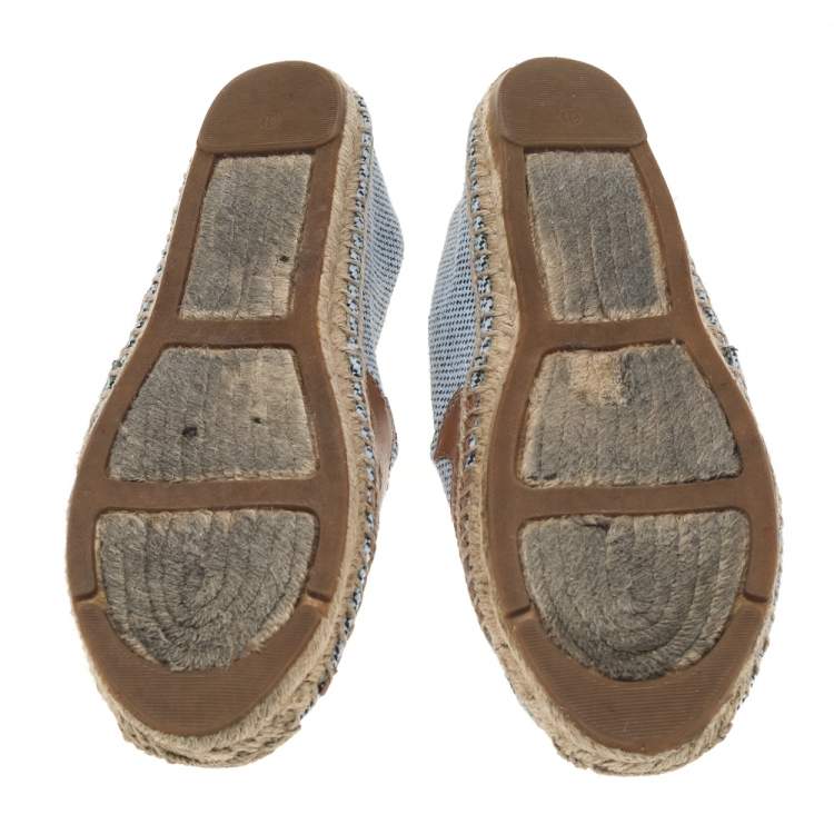 Pre Owned Tory Burch Blue/Brown Canvas And Leather Lonnie Espadrille Flats Size 39.5