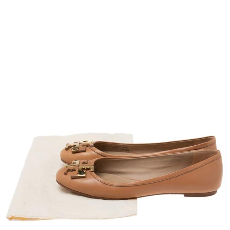Pre Owned Tory Burch Brown Leather  Logo Bow Ballet Flats Size 39
