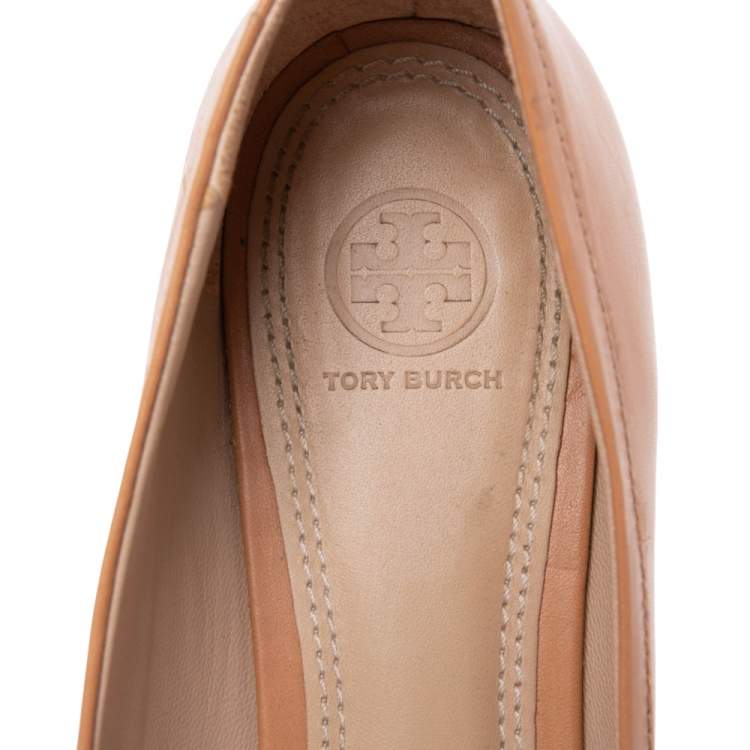 Pre Owned Tory Burch Brown Leather  Logo Bow Ballet Flats Size 39