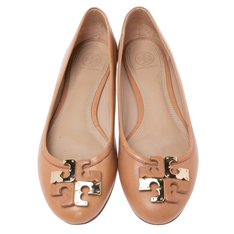 Pre Owned Tory Burch Brown Leather  Logo Bow Ballet Flats Size 39