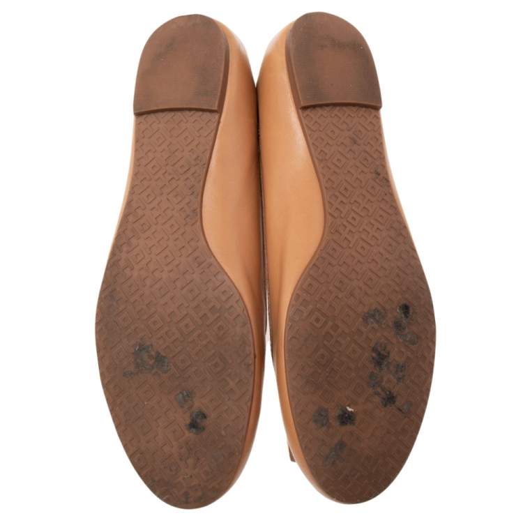 Pre Owned Tory Burch Brown Leather  Logo Bow Ballet Flats Size 39