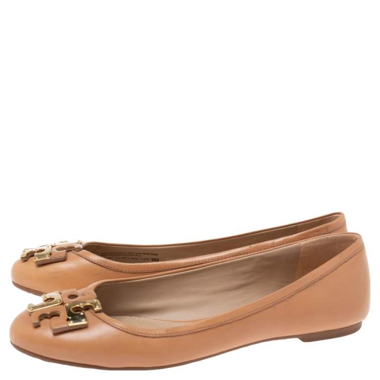 Pre Owned Tory Burch Brown Leather  Logo Bow Ballet Flats Size 39