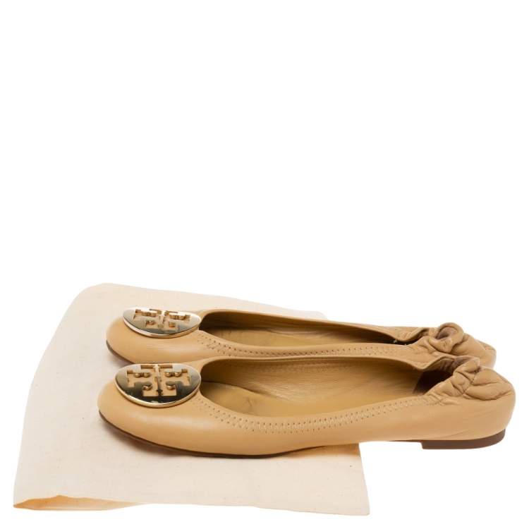 Pre Owned Tory Burch Beige Leather Reva Ballet Flats Size 39