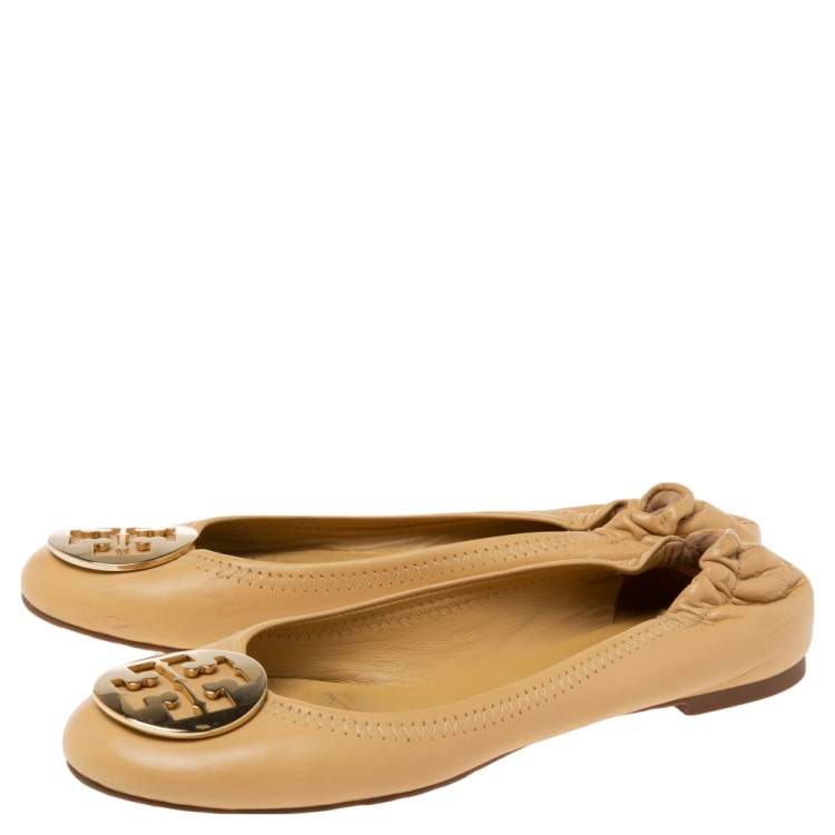 Pre Owned Tory Burch Beige Leather Reva Ballet Flats Size 39