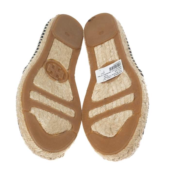 Pre Owned Tory Burch Navy Blue Canvas Angus Flat Espadrilles Size 37.5