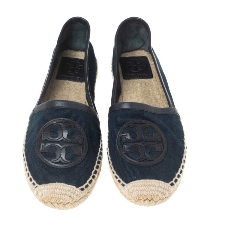 Pre Owned Tory Burch Navy Blue Canvas Angus Flat Espadrilles Size 37.5