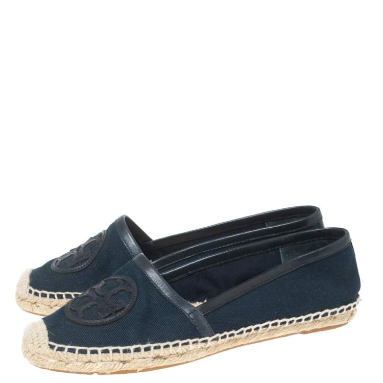 Pre Owned Tory Burch Navy Blue Canvas Angus Flat Espadrilles Size 37.5