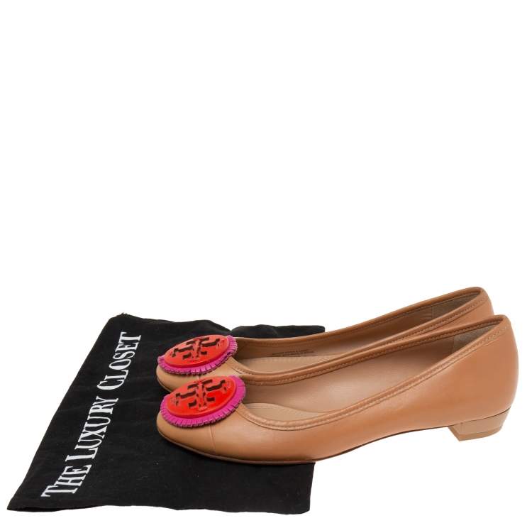 Pre Owned Tory Burch Brown Leather Reva Ballet Flats Size 35.5