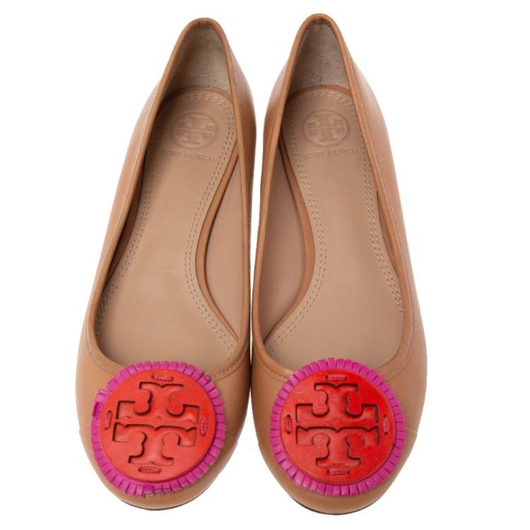 Pre Owned Tory Burch Brown Leather Reva Ballet Flats Size 35.5