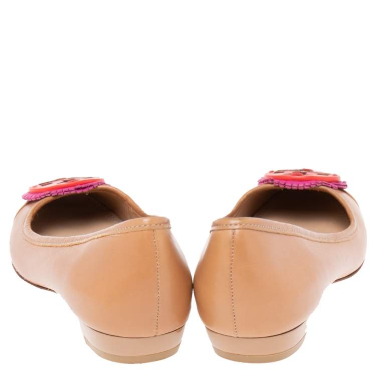 Pre Owned Tory Burch Brown Leather Reva Ballet Flats Size 35.5