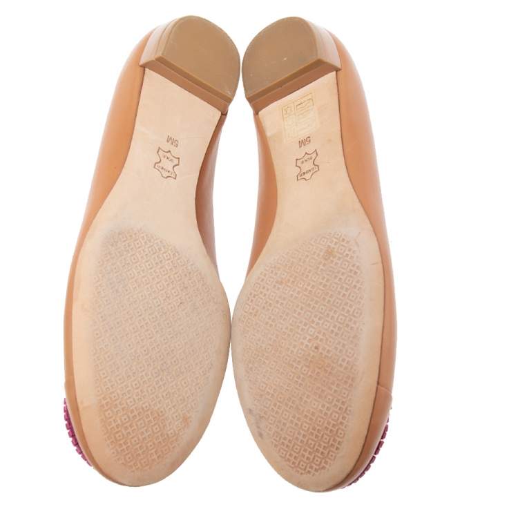 Pre Owned Tory Burch Brown Leather Reva Ballet Flats Size 35.5