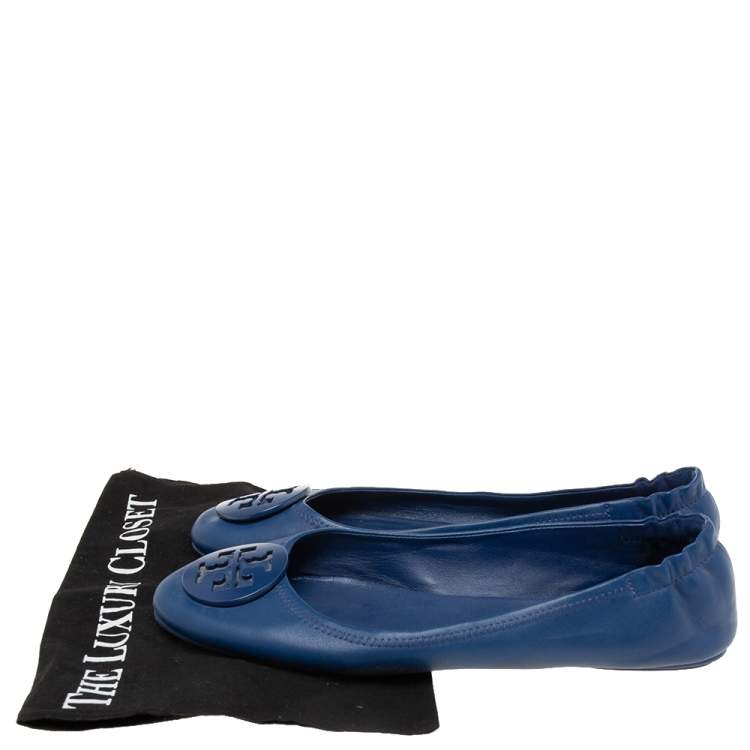 Pre Owned Tory Burch Royal Blue Leather Minnie Travel Ballet Flats Size 41.5