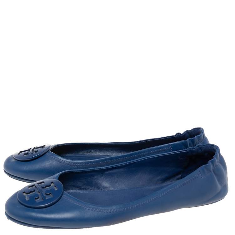 Pre Owned Tory Burch Royal Blue Leather Minnie Travel Ballet Flats Size 41.5
