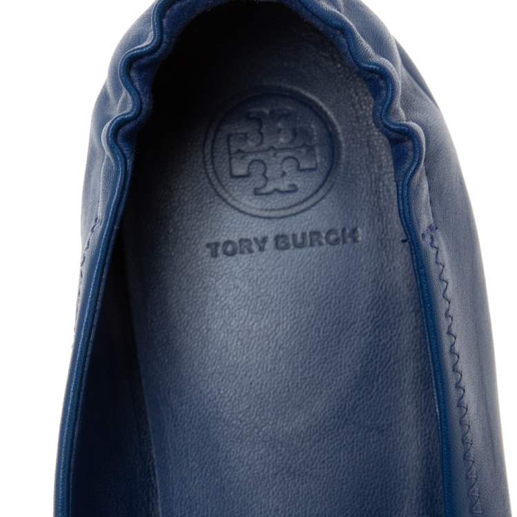 Pre Owned Tory Burch Royal Blue Leather Minnie Travel Ballet Flats Size 41.5